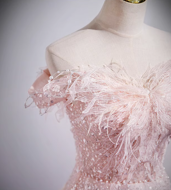 A-line off-the-shoulder tulle lace sequined long prom dress, pink evening dress HZ1024
