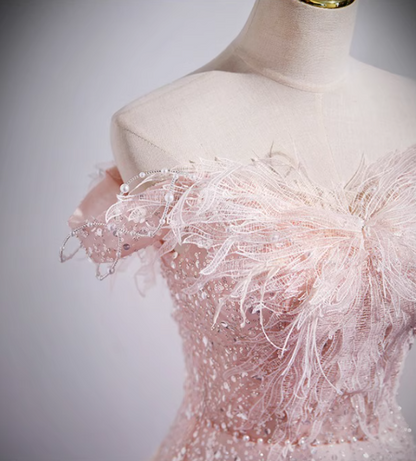 A-line off-the-shoulder tulle lace sequined long prom dress, pink evening dress HZ1024