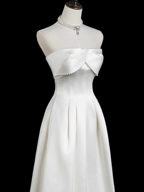 White A-line strapless satin long prom dress, white bridal dress ED01067
