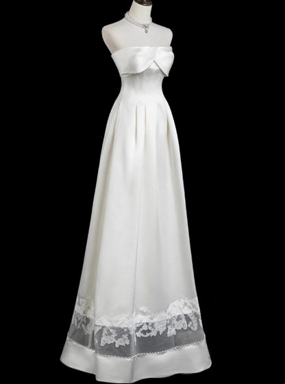 A-line strapless satin long prom dress, white bridal dress HZ1024