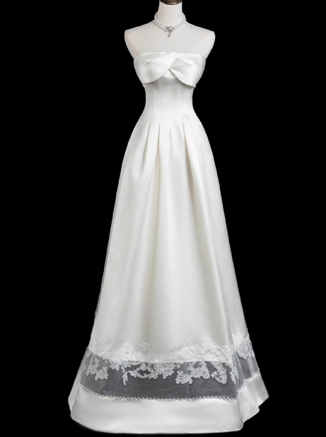 A-line strapless satin long prom dress, white bridal dress HZ1024