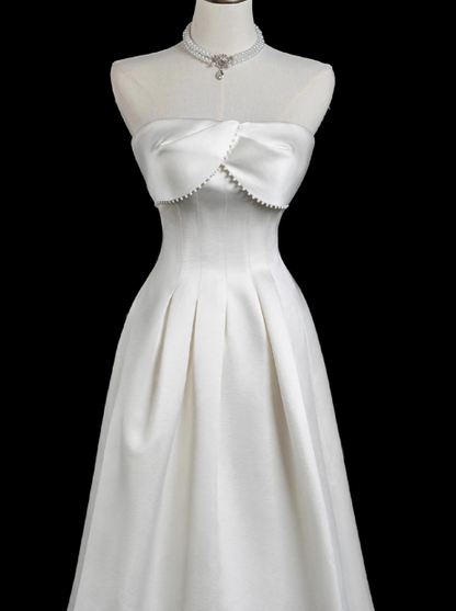 A-line strapless satin long prom dress, white bridal dress HZ1024