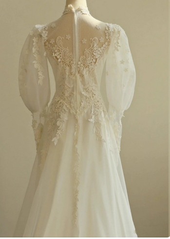 A-line V-neck tulle lace long prom dress, White wedding dress with train HZ1024