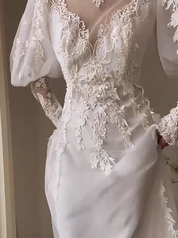 A-line V-neck tulle lace long prom dress, White wedding dress with train HZ1024