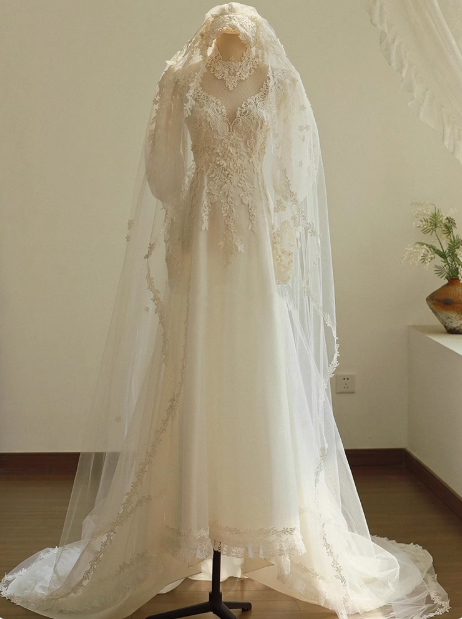 A-line V-neck tulle lace long prom dress, White wedding dress with train HZ1024