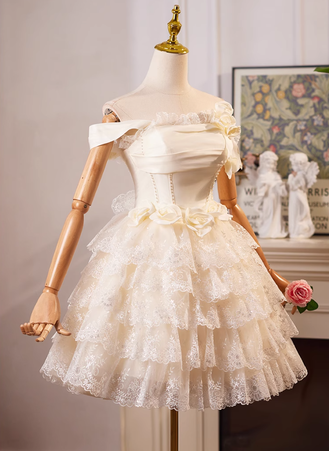 Champagne A-line off-the-shoulder satin tulle lace short prom dress, champagne birthday dress ED01069