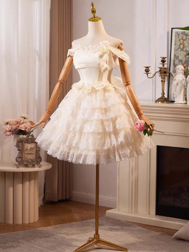Champagne A-line off-the-shoulder satin tulle lace short prom dress, champagne birthday dress ED01069