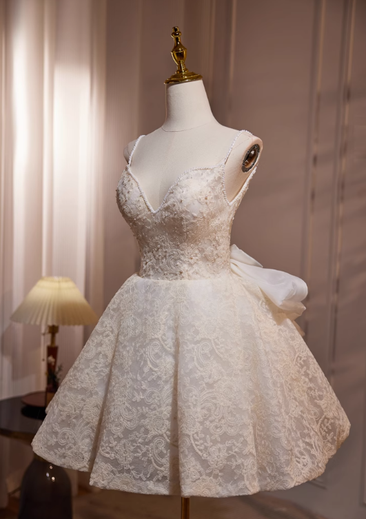 A-line v-neck mesh lace beaded short prom dress, Off-white birthday dress HZ1024