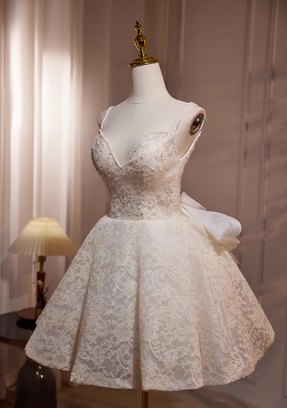 Off-white A-line v-neck mesh lace beaded short prom dress, Off-white birthday dress ED1070
