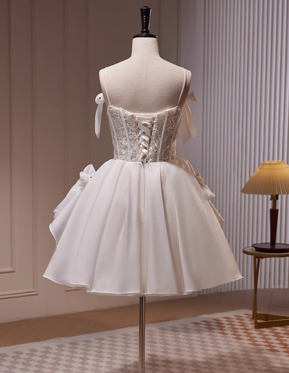 A-line spaghetti strap tulle lace short prom dress, Off-white homecoming dress birthday dresss HZ1024
