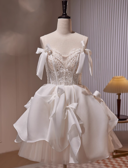 Off-white A-line spaghetti strap tulle lace short prom dress, Off-white homecoming dress birthday dresss ED1072