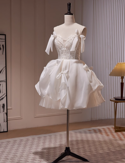 Off-white A-line spaghetti strap tulle lace short prom dress, Off-white homecoming dress birthday dresss ED1072