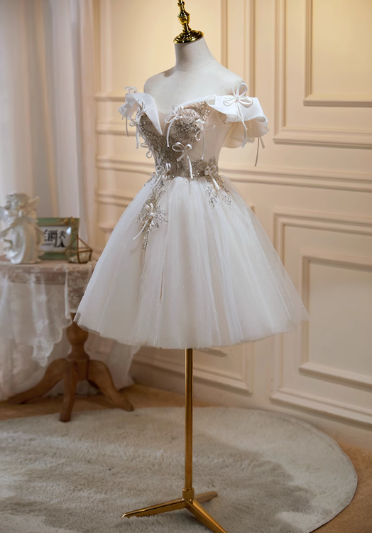 A-line off-the-shoulder tulle sequin short prom dress, off-white homecoming dress birthday dress HZ1024