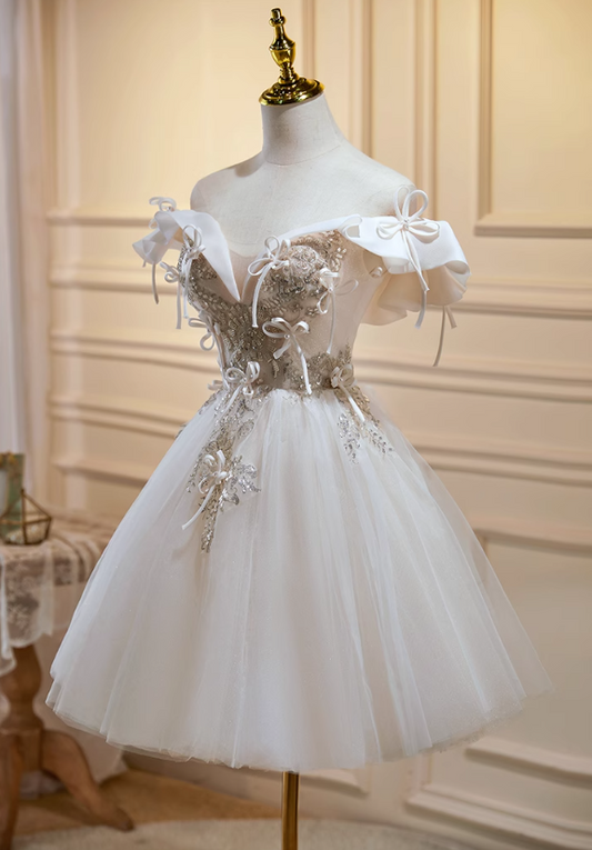 A-line off-the-shoulder tulle sequin short prom dress, off-white homecoming dress birthday dress HZ1024