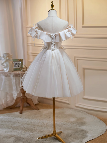A-line off-the-shoulder tulle sequin short prom dress, off-white homecoming dress birthday dress HZ1024