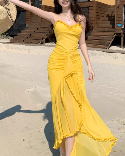 French retro yellow holiday style sling fork long skirt  ED01080