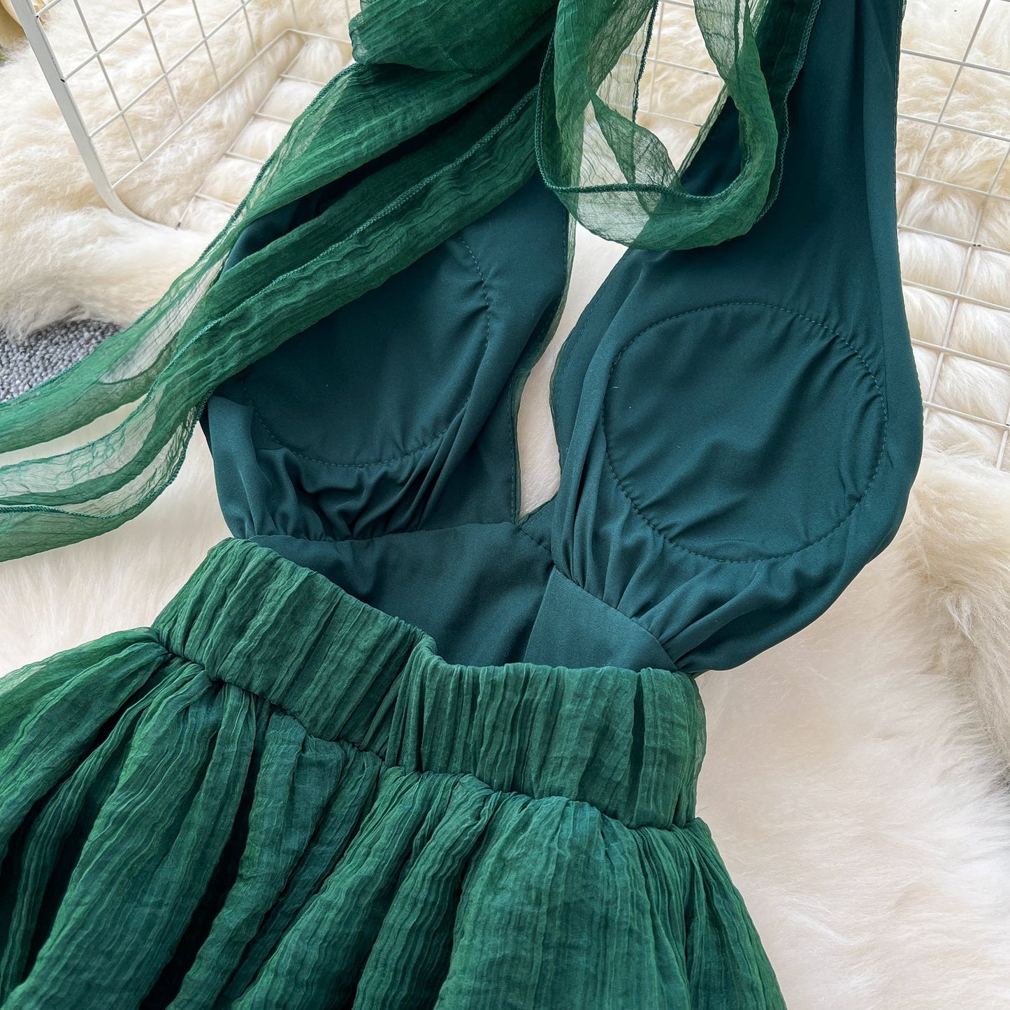 dark green V-neck halter back long dress HZ1024