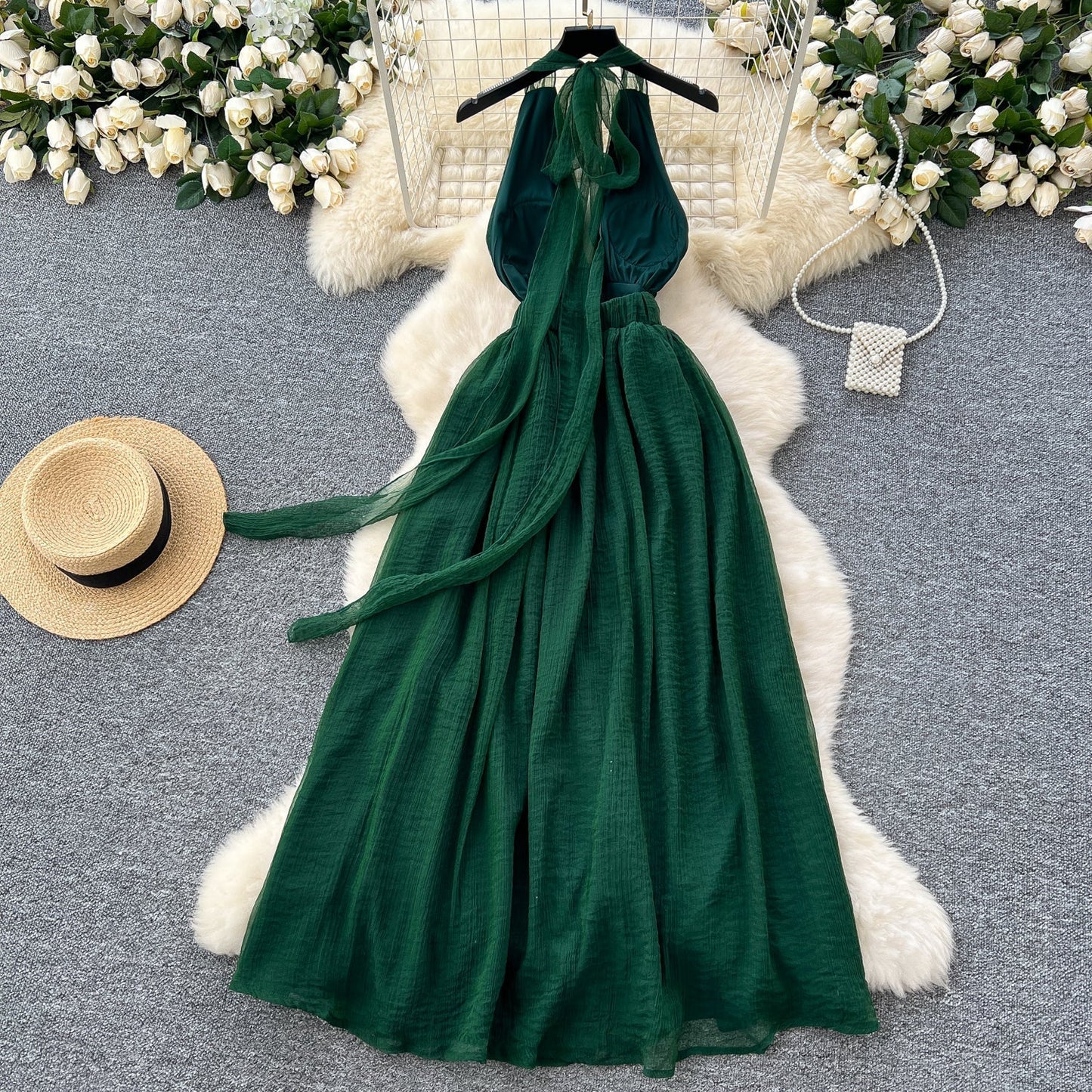 dark green V-neck halter back long dress HZ1024