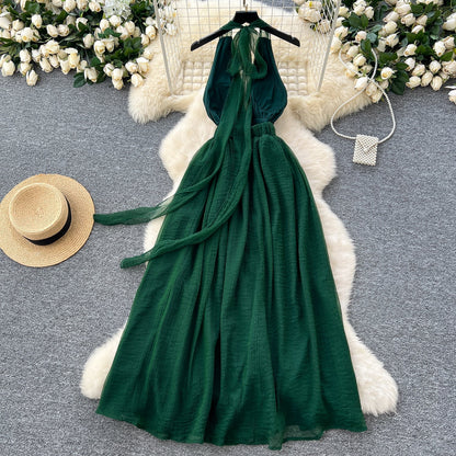 dark green V-neck halter back long dress HZ1024