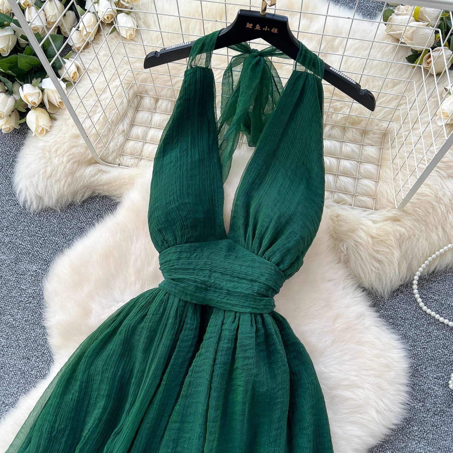 dark green V-neck halter back long dress HZ1024