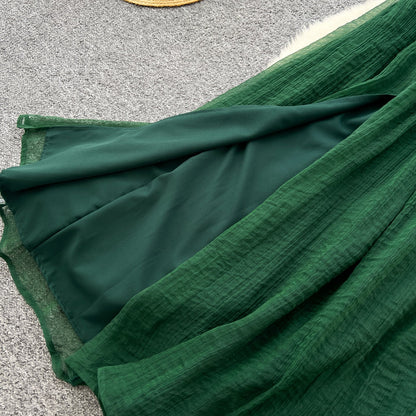 French dark green V-neck halter back long dress ED01086