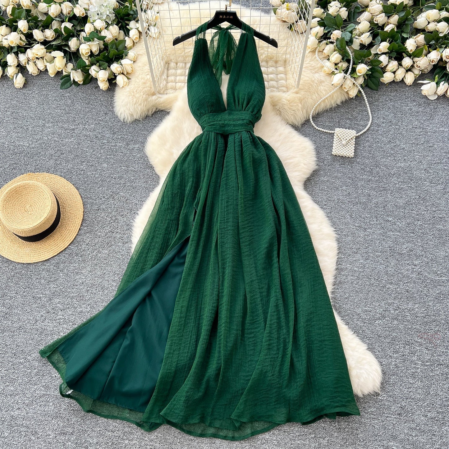 dark green V-neck halter back long dress HZ1024