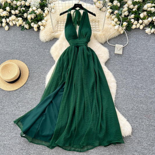 dark green V-neck halter back long dress HZ1024