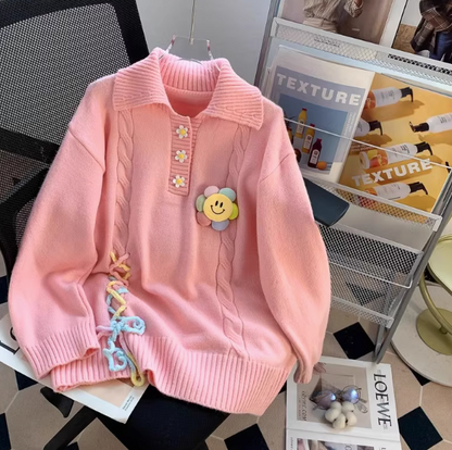 College style polo collar cute sweet long sleeve sweater  ED0108