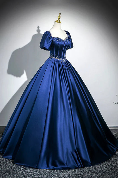 Blue Satin Long A-Line Prom Dress with Pearls, Elegant Short Sleeve Evening Party Dress ED01094