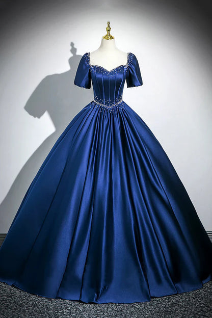 Blue Satin Long A-Line Prom Dress with Pearls, Elegant Short Sleeve Evening Party Dress ED01094