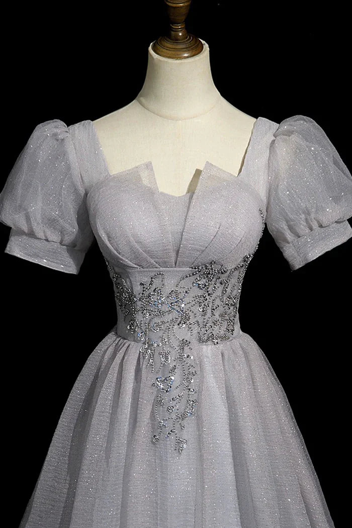 Gray Tulle Beaded Long Prom Dress, A-Line Short Sleeve Evening Party Dress ED01096