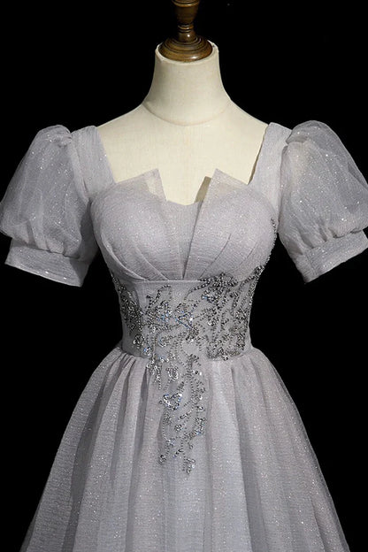 Gray Tulle Beaded Long Prom Dress, A-Line Short Sleeve Evening Party Dress ED01096