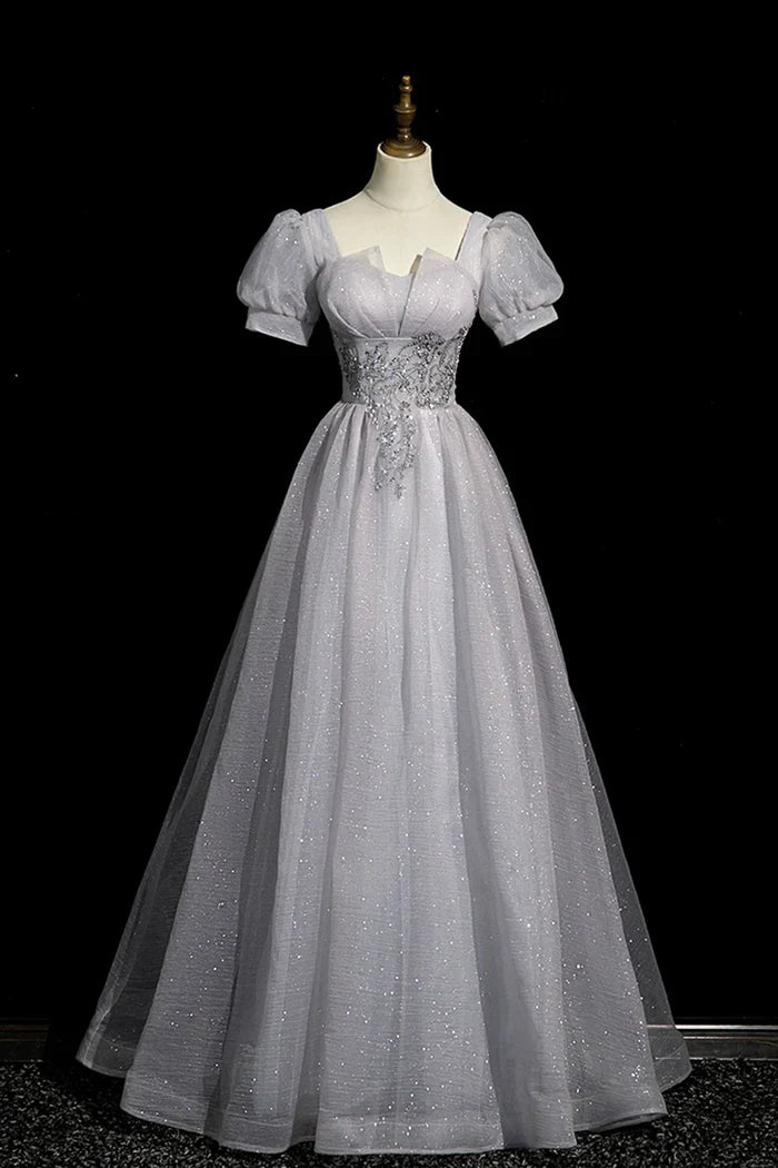 Gray Tulle Beaded Long Prom Dress, A-Line Short Sleeve Evening Party Dress ED01096