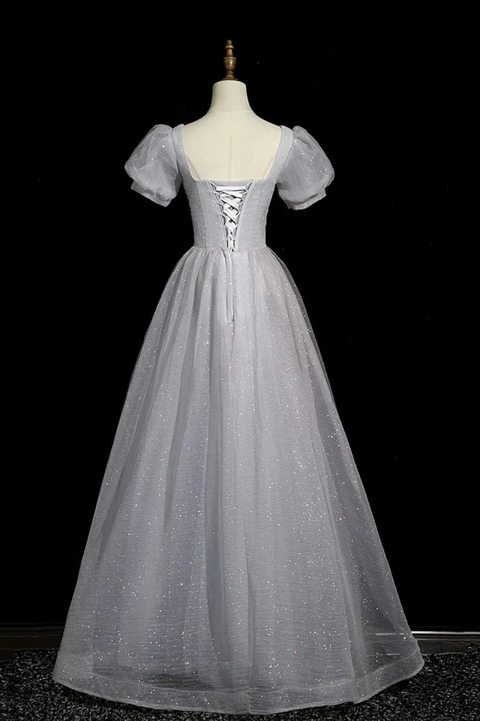 Gray Tulle Beaded Long Prom Dress, A-Line Short Sleeve Evening Party Dress ED01096