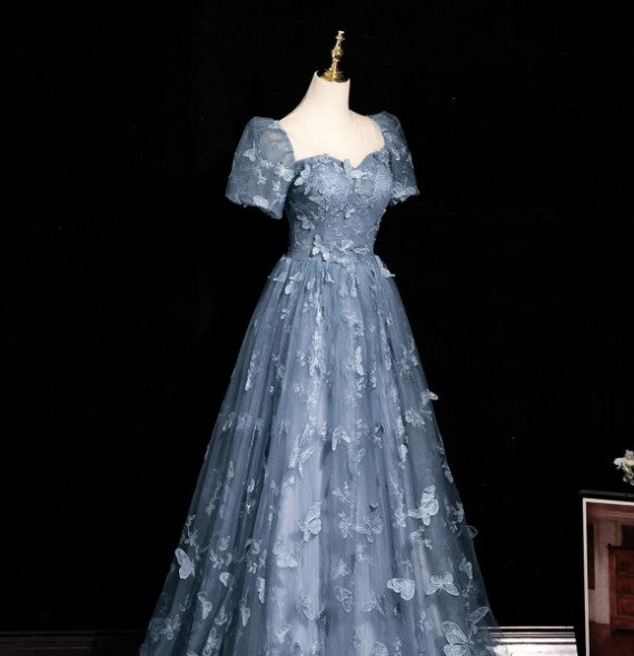 Formal Evening Dress under $170||Fairytale_©µ A-Line Puff Sleeves Tulle Lace Gray BlueSweet Long Prom Dress for Birthday  ED01098
