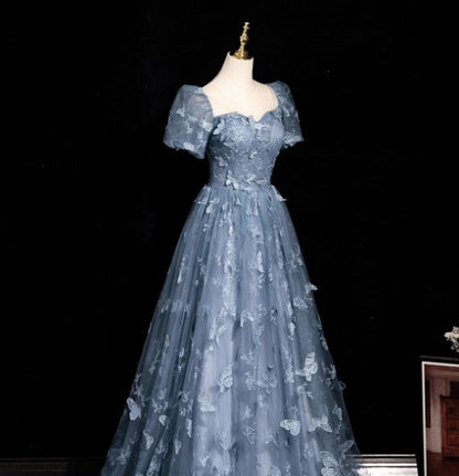 Formal Evening Dress under $170||Fairytale_©µ A-Line Puff Sleeves Tulle Lace Gray BlueSweet Long Prom Dress for Birthday  ED01098