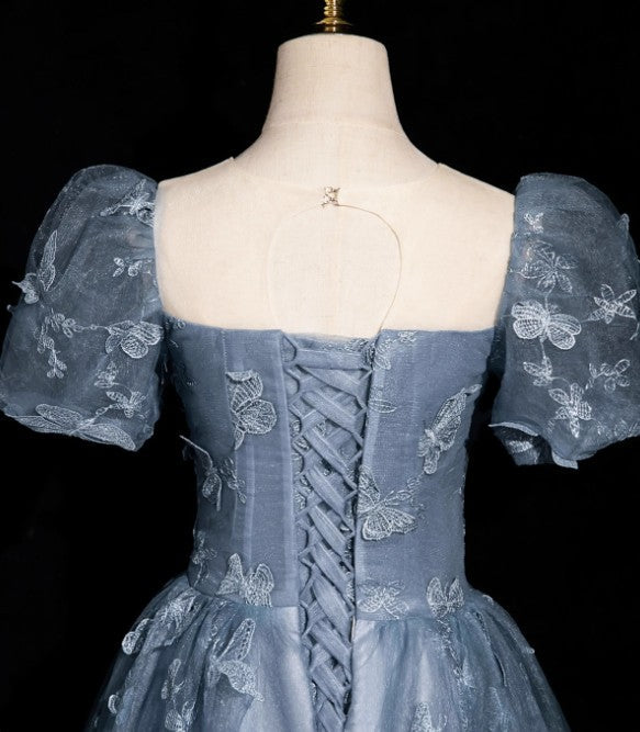 Formal Evening Dress under $170||Fairytale_©µ A-Line Puff Sleeves Tulle Lace Gray BlueSweet Long Prom Dress for Birthday  ED01098