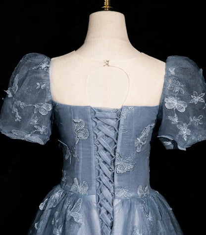 Formal Evening Dress under $170||Fairytale_©µ A-Line Puff Sleeves Tulle Lace Gray BlueSweet Long Prom Dress for Birthday  ED01098