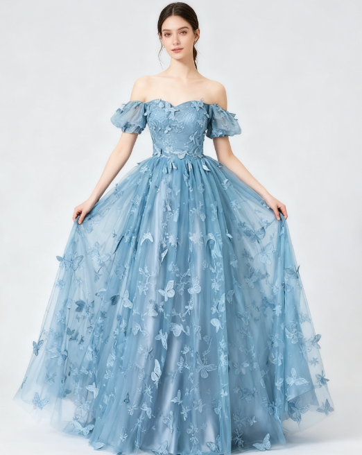 Formal Evening Dress under $170||Fairytale_©µ A-Line Puff Sleeves Tulle Lace Gray BlueSweet Long Prom Dress for Birthday  ED01098