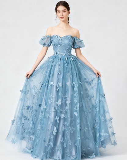 Formal Evening Dress under $170||Fairytale_©µ A-Line Puff Sleeves Tulle Lace Gray BlueSweet Long Prom Dress for Birthday  ED01098
