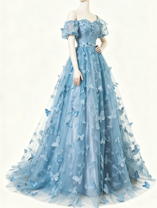 Formal Evening Dress under $170||Fairytale_©µ A-Line Puff Sleeves Tulle Lace Gray BlueSweet Long Prom Dress for Birthday  ED01098