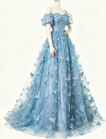 Formal Evening Dress under $170||Fairytale_©µ A-Line Puff Sleeves Tulle Lace Gray BlueSweet Long Prom Dress for Birthday  ED01098