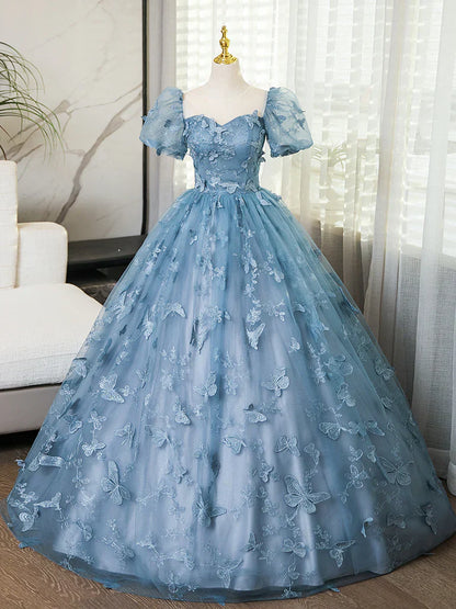 Evening Dress under $180||Fairytale?? A-Line Puff Sleeves Tulle Lace Gray BlueSweet Long Prom Dress for Birthday HZ1024