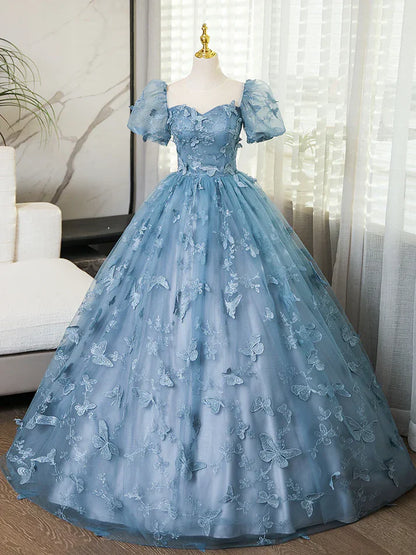 3D Butterfly Applique A Line Puff Sleeves Tulle Lace Gray Blue Sweet Long Prom Dress for Birthday SH3572