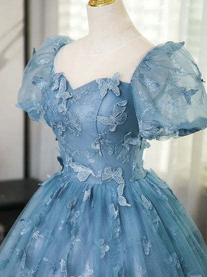 3D Butterfly Applique A Line Puff Sleeves Tulle Lace Gray Blue Sweet Long Prom Dress for Birthday SH3572