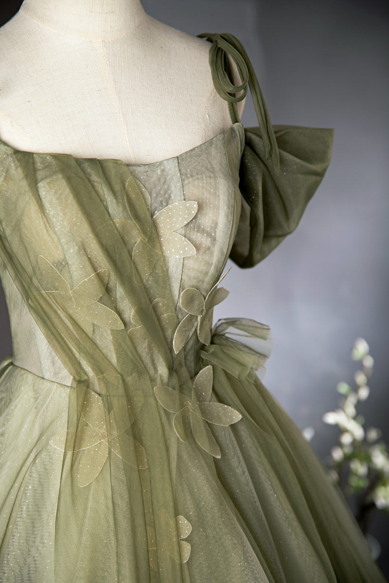 A-line tulle long prom dress, green bridesmaid dress HZ1024