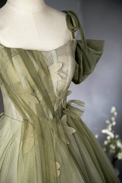 A-line tulle long prom dress, green bridesmaid dress HZ1024