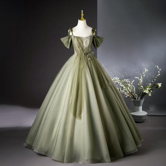Green A-line tulle long prom dress, green bridesmaid dress ED01099