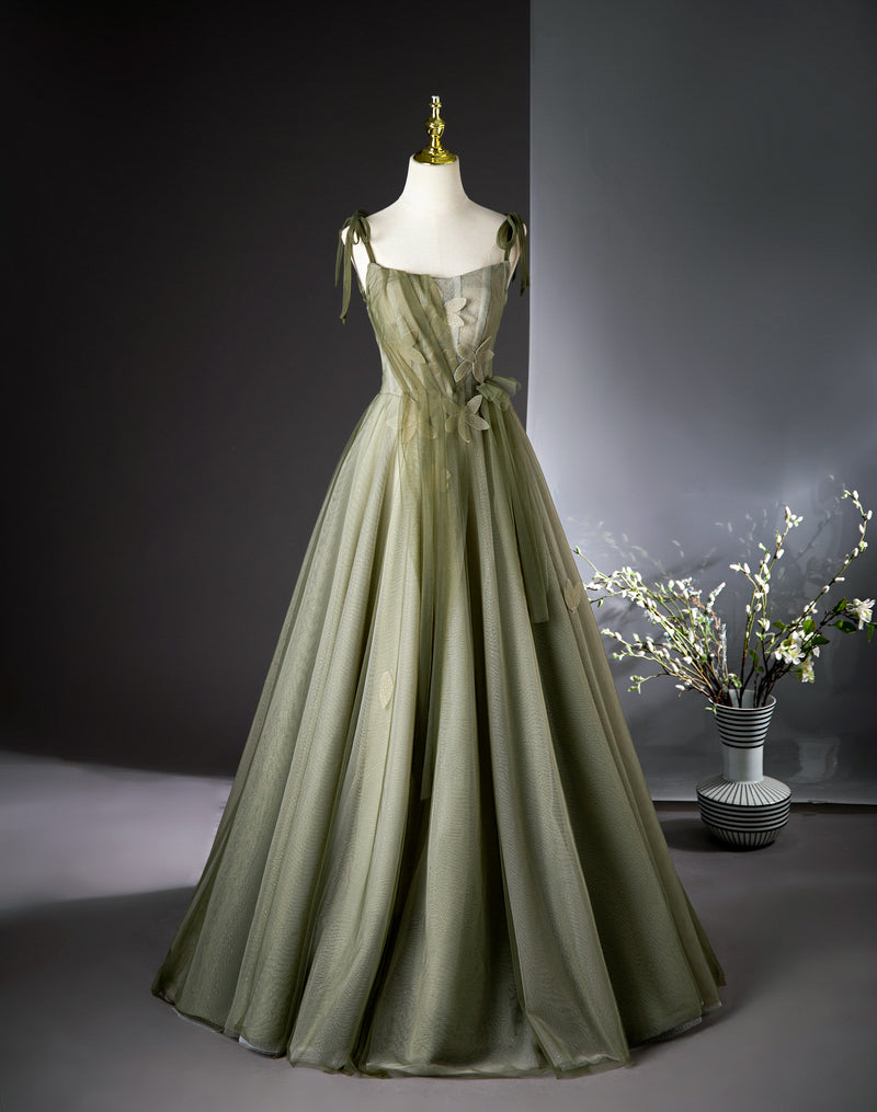 A-line tulle long prom dress, green bridesmaid dress HZ1024