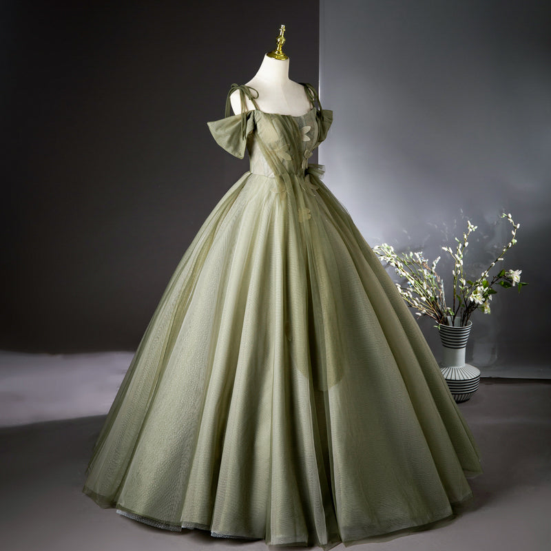 Green A-line tulle long prom dress, green bridesmaid dress ED01099